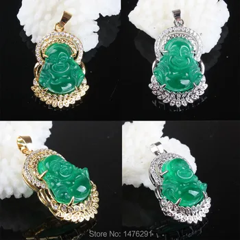 Необичаен камък, Имитация на Зелен Нефрит Буда, Инкрустирани кристали 1БР Висулка