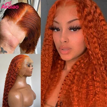 Имбирно-оранжево Извратени 13x6 HD Дантела Отпред Перуки, изработени от човешка коса За жени Дантела Отпред Дълбоки, Вълнообразни Пълен Перука Отбеленный Възел Бразилски
