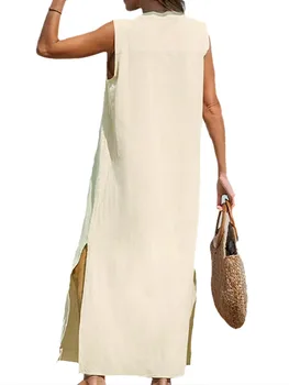 Ежедневна рокля midi без ръкави с цветен принтом, женски годишният сарафан за плажната партита с джобове и регулируема бретелями