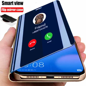 Корпус Ponsel Flip Cermin Pintar untuk Samsung Galaxy A12 A52 S21 S9 S10 S8 S20 FE Ultra Note 20 10 Lite 9 8 Plus S7 S10e Sampul