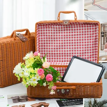 Куфар от изкуствен ратан за съхранение в ретро стил, имитация на кошници за пикник, ръчно изработени, Запирающийся багажника