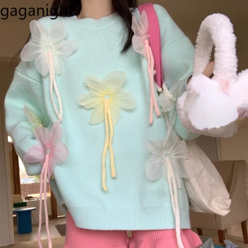 Жена вязаный пуловер Gaganight с обемен цветен модел и кръгло деколте 2023, женски зимен Нов сладък Свободен ден за ден пуловер, топ